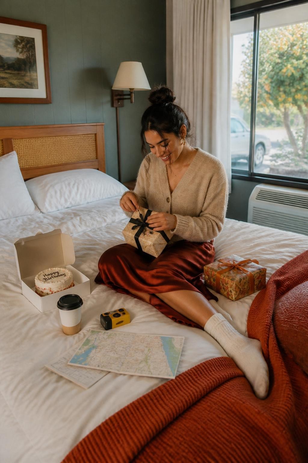 Image Prompt: A realistic lifestyle photograph of a young Mediterranean woman sitting on the edge of a motel bed during a fall road trip birthday. She wears a soft oatmeal cardigan, a dark red satin skirt, and cream socks. A small cake box, takeaway coffee, disposable camera, folded road map, and two wrapped gifts sit naturally across the bed. The bedding is slightly unmade, with one rust-colored blanket folded near the foot. Morning light enters through partially open curtains, revealing orange trees and a parked car outside. She opens one gift while looking down with a genuine smile. Natural tan skin texture, realistic room details, gentle shadows, nostalgic but current travel photography.