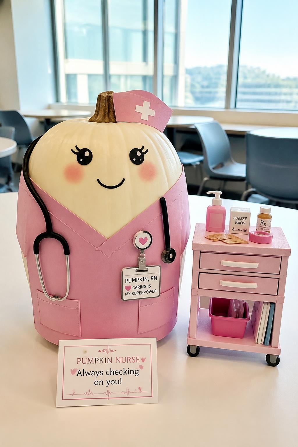 Image Prompt: A realistic DSLR photo of a round white pumpkin dressed like a trendy nurse in pastel pink paper scrubs, with a tiny badge reel, paper stethoscope, small nurse cap, soft blush cheeks, and a mini medication cart made from craft foam beside it, displayed on a white table in a bright hospital break room, clean modern contest styling.