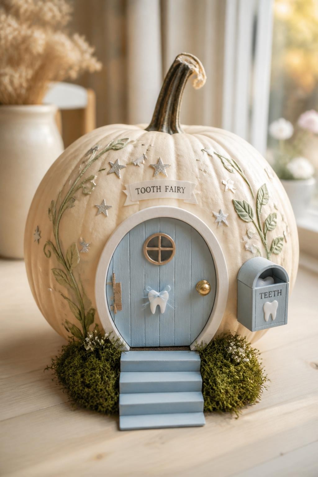 Image Prompt: A realistic DSLR close-up photo of a cream pumpkin decorated with a miniature round tooth fairy door on the front, tiny gold doorknob, painted vines, silver stars, small tooth-shaped mailbox, pastel blue steps made from cardstock, and a soft moss base, displayed on a light wood table with warm natural window light, magical handmade fall decor.