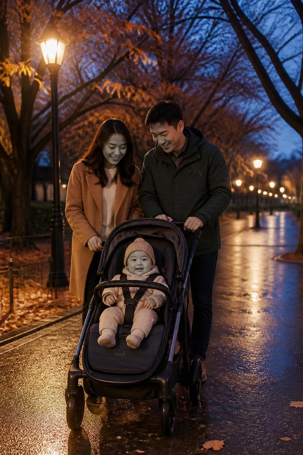 Image Prompt: A cinematic but realistic blue-hour photograph of a young East Asian couple walking behind a modern stroller along a wide, well-lit park path in late fall. Their baby is safely strapped into the stroller seat, wearing warm fitted layers with no loose blanket near the face. The mother wears a camel coat, while the father wears a dark forest green jacket. Both lean slightly toward the stroller as they walk, smiling down at the baby. Warm pathway lamps reflect across damp pavement, with bare branches and remaining copper leaves overhead. Realistic low-light exposure, accurate stroller proportions, visible safety straps, natural skin tones, atmospheric but practical family photography.
