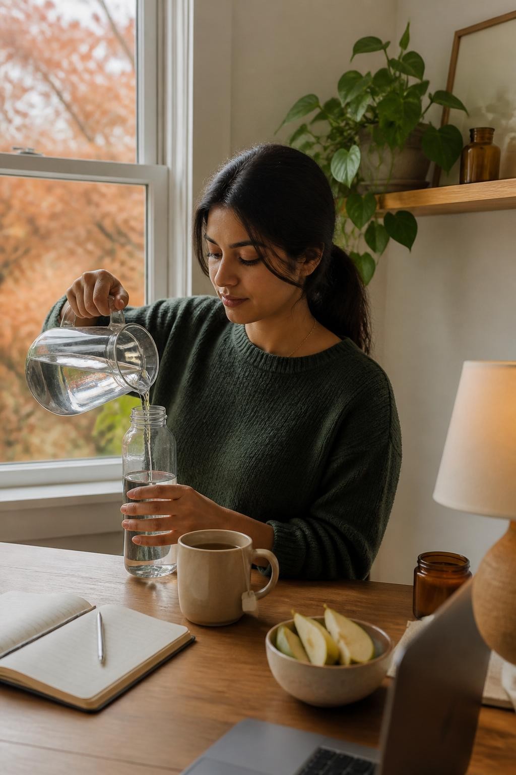 Image Prompt: A realistic lifestyle photograph of a South Asian woman working at a tidy fall home office desk, refilling a clear reusable water bottle beside a ceramic mug of herbal tea, wearing a soft forest-green sweater with long dark hair tied into a low ponytail, laptop, notebook, bowl of sliced pears, and small table lamp nearby, copper leaves visible through the window, warm afternoon natural light, cream, green, caramel, and rust color palette, believable skin, glass, and fabric textures, editorial DSLR wellness photography, 50mm lens, no logos, no text.